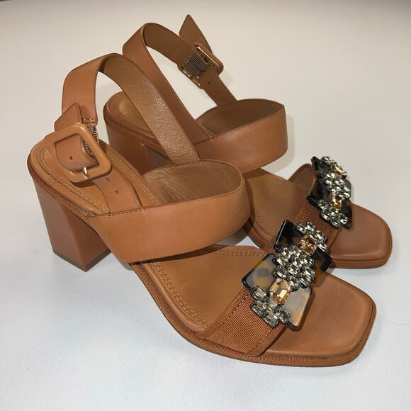 Tory Burch Delaney Embellished Sandal Camel Brown Tortoise Crystal Size 7.5M - Picture 1 of 11